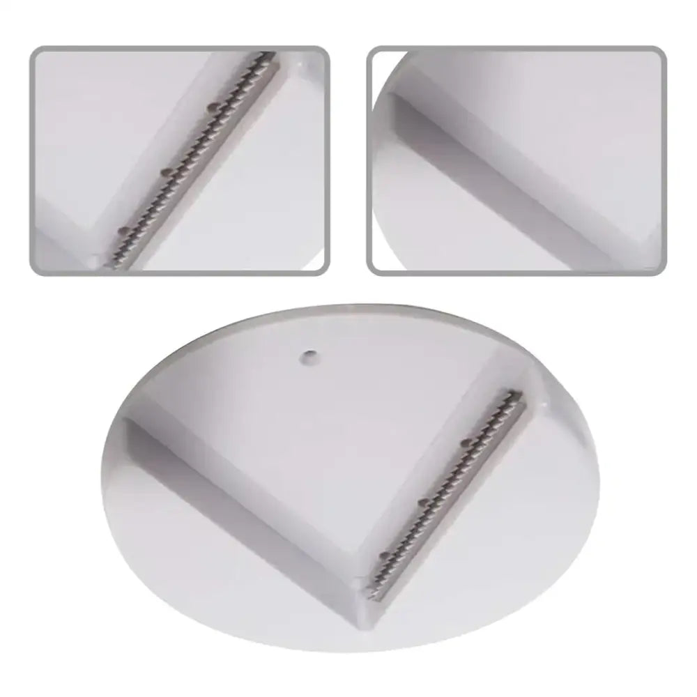 White triangular plastic food slicer with a metallic, serrated blade edge.