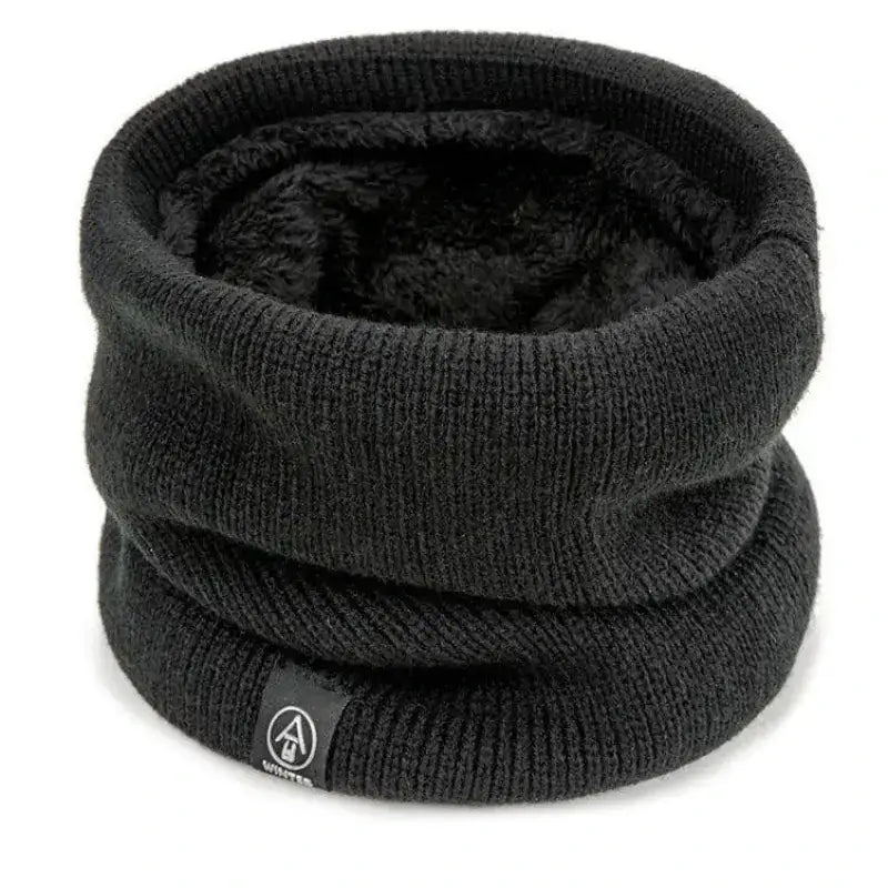 Black knitted winter neck warmer with a plush, fleece-lined interior.