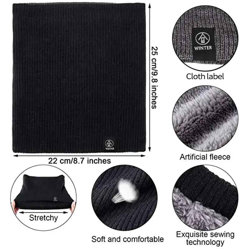 Black ribbed knit winter scarf with a plush gray artificial fleece lining and a branded cloth label.