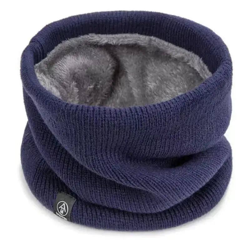 Dark blue knitted winter neck warmer with a soft gray fleece lining.