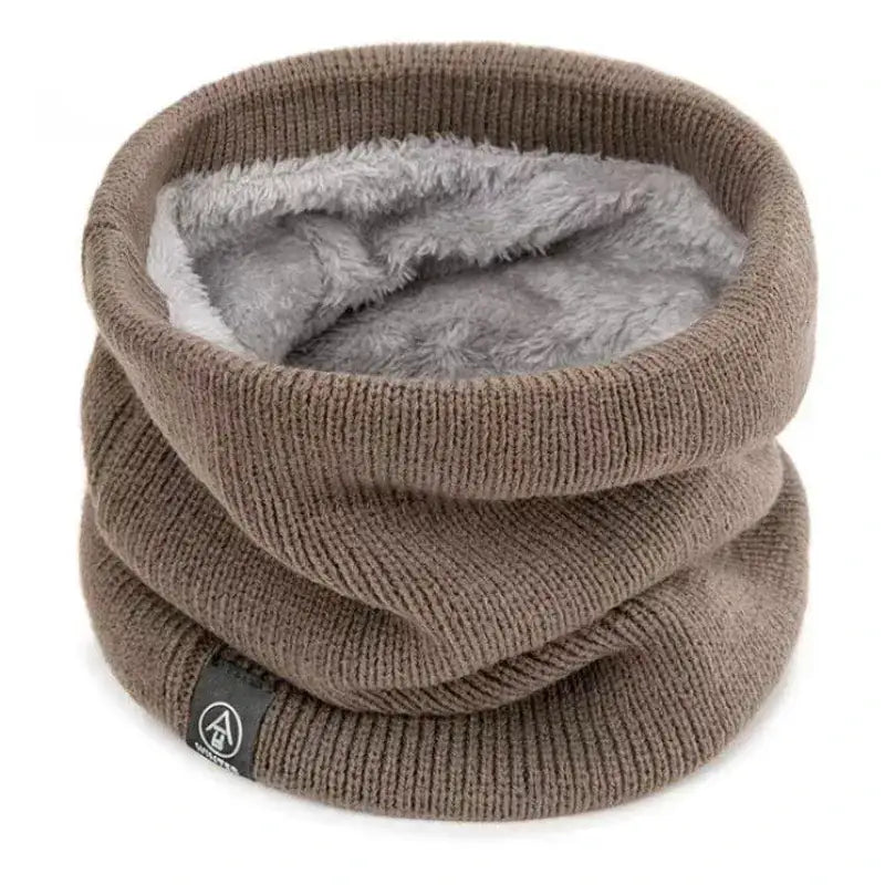 Brown ribbed knit neck warmer with a soft gray fleece lining.