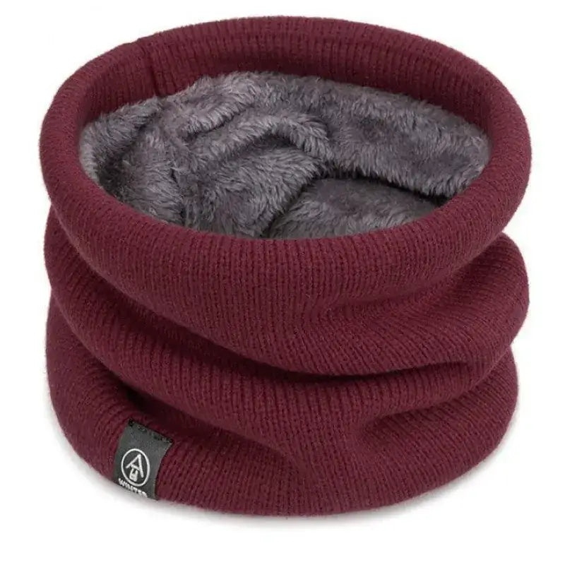 Maroon knitted neck warmer with a plush gray fleece interior.