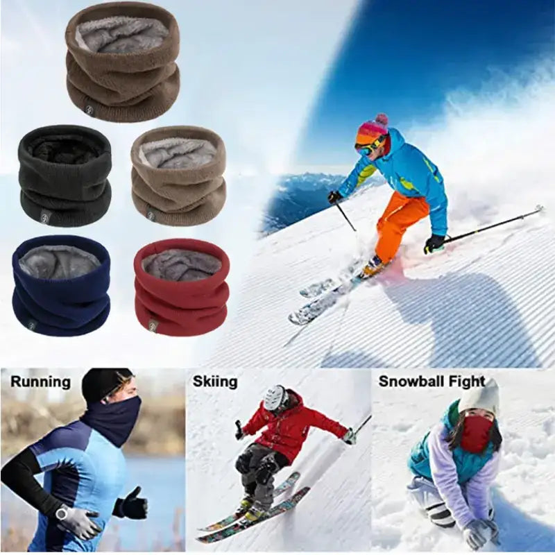 Warm, fleece-lined neck gaiters in multiple colors including brown, black, navy blue, and red.