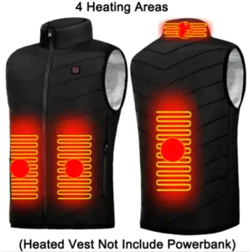 Black heated vest with four glowing orange heating zones and silver mesh panels on the sleeves.