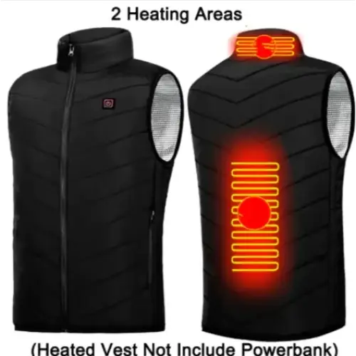 Black heated vest with two glowing heating zones, one at the back and one around the neck.