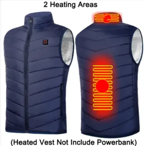 Navy blue quilted heated vest with two glowing heating zones, one at the collar and one along the back