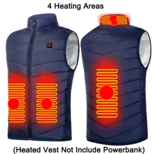 Navy blue heated vest with four glowing orange heating zones and silver reflective lining on the sleeves