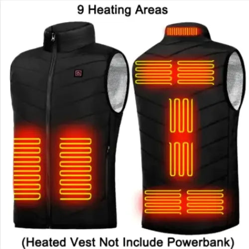 Black heated vest with glowing orange heating elements arranged in nine distinct zones across the front and back.