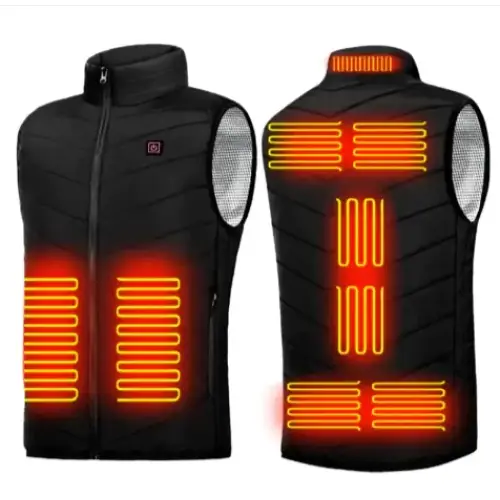 Black heated vest with glowing orange heating elements on the front and back, featuring a zipper closure and mesh-lined sleeves.