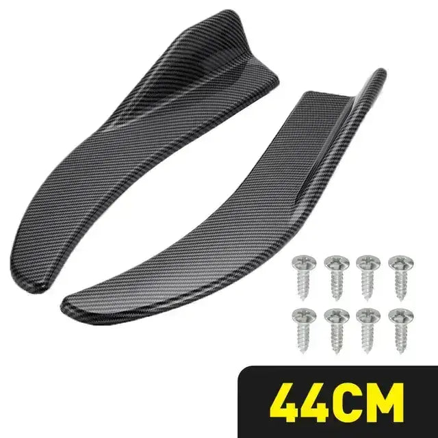 Black carbon fiber car spoiler decals with a textured weave pattern and matching silver screws.