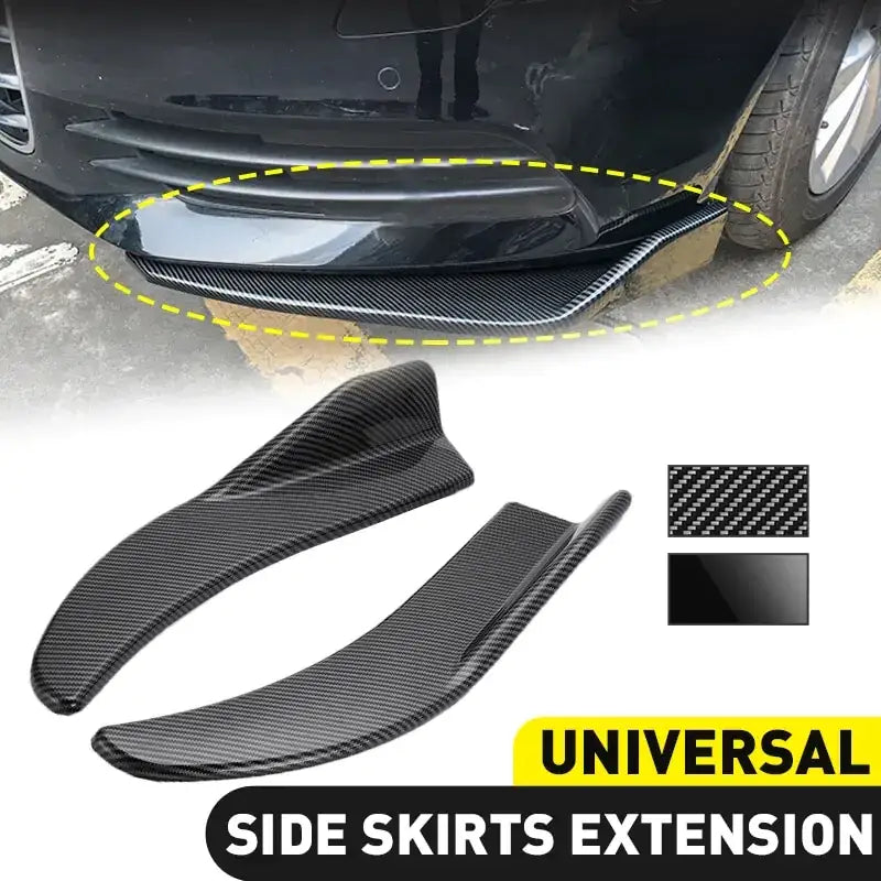 Black carbon fiber side skirt extensions with a glossy finish and textured weave pattern.
