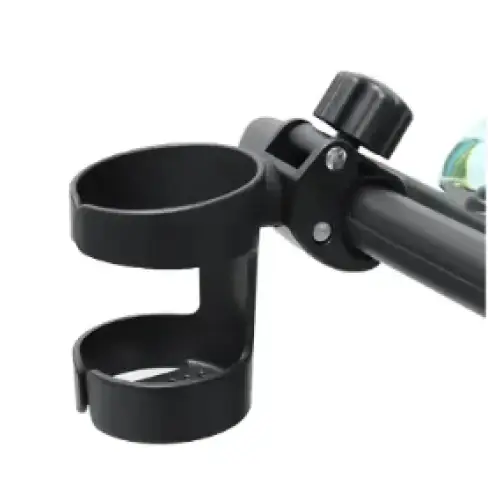 Black plastic cup holder with adjustable clamp and knob for secure attachment to a handlebar.