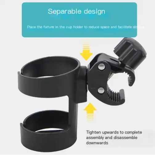 Black plastic cup holder mount with adjustable clamp and screw mechanism.