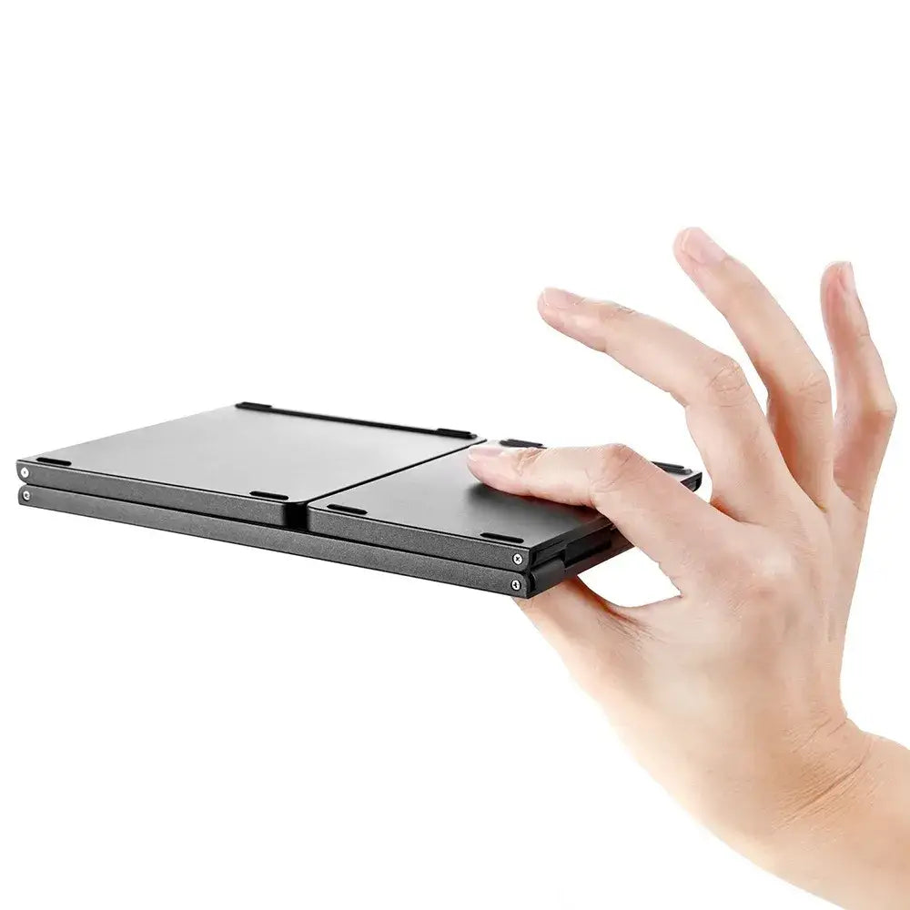Black foldable tablet with sleek metallic edges and minimalist design