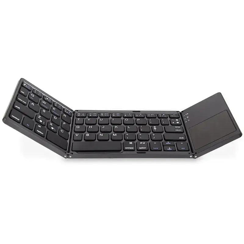 Black foldable wireless keyboard with integrated touchpad.