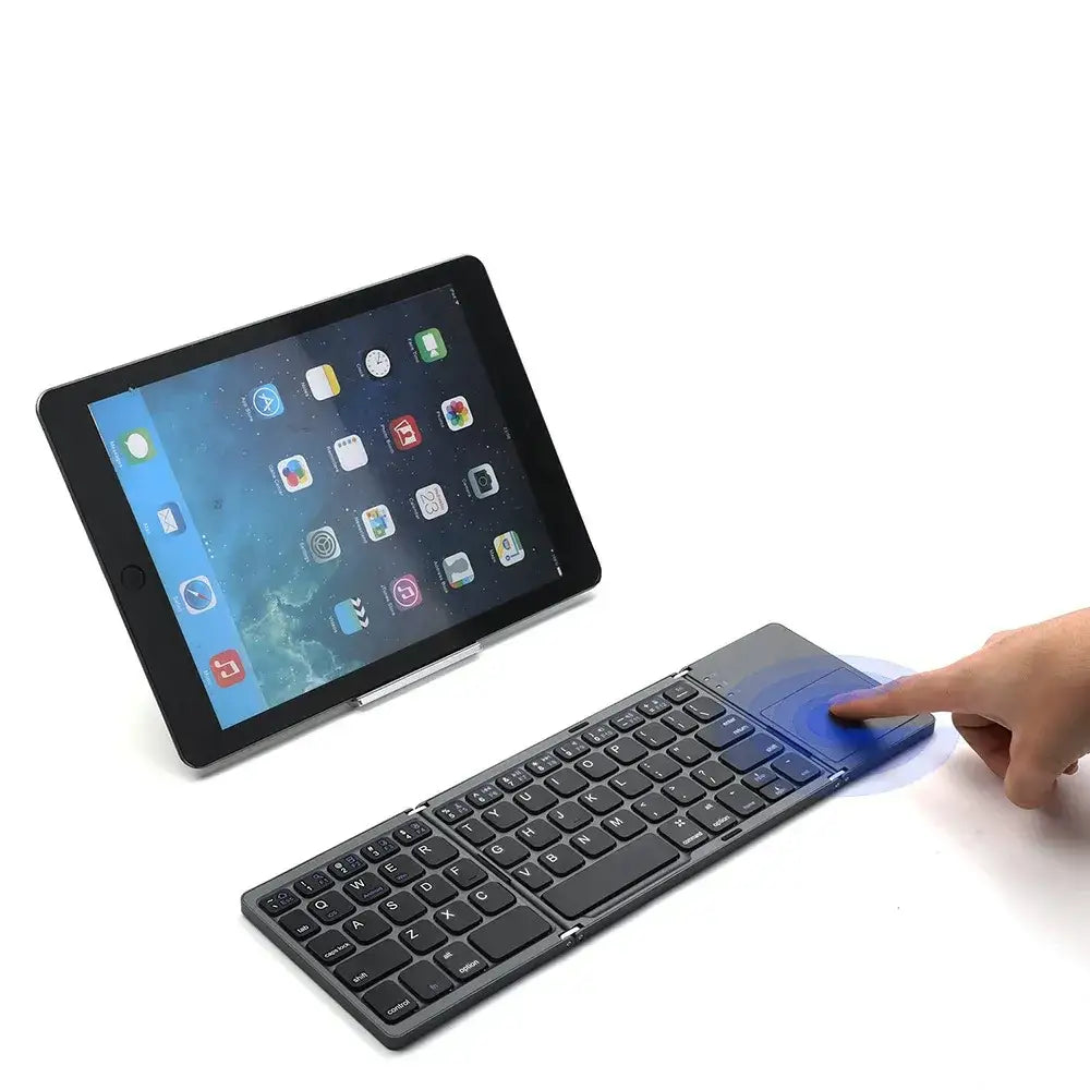 Black foldable wireless keyboard with integrated touchpad