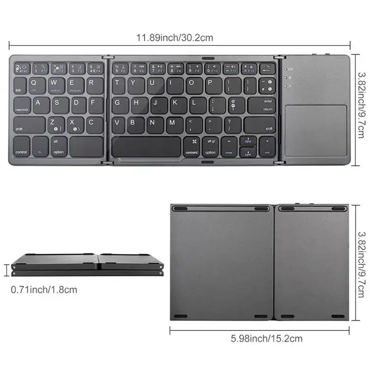 Compact, foldable wireless keyboard with a sleek matte gray finish and integrated touchpad.