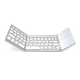 Silver foldable wireless keyboard with integrated touchpad and minimalist design.