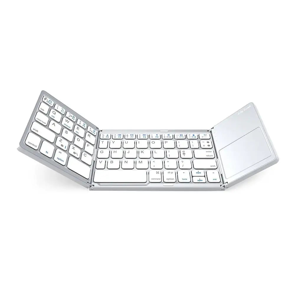 Silver foldable wireless keyboard with integrated touchpad and minimalist design.