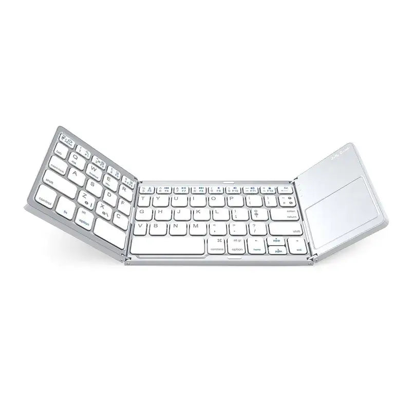 Silver foldable wireless keyboard with integrated touchpad and minimalist design.