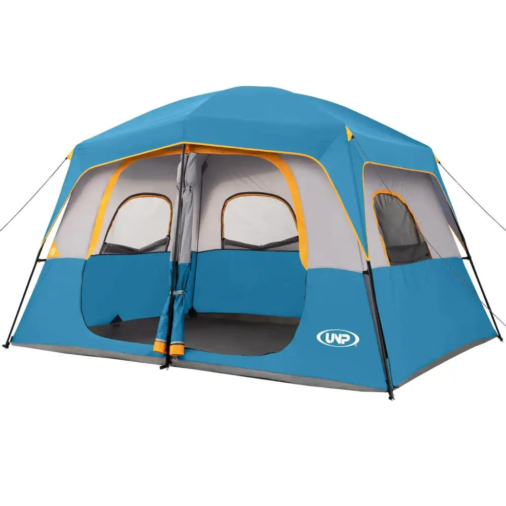 Blue and gray unp tent with yellow trim around the windows.