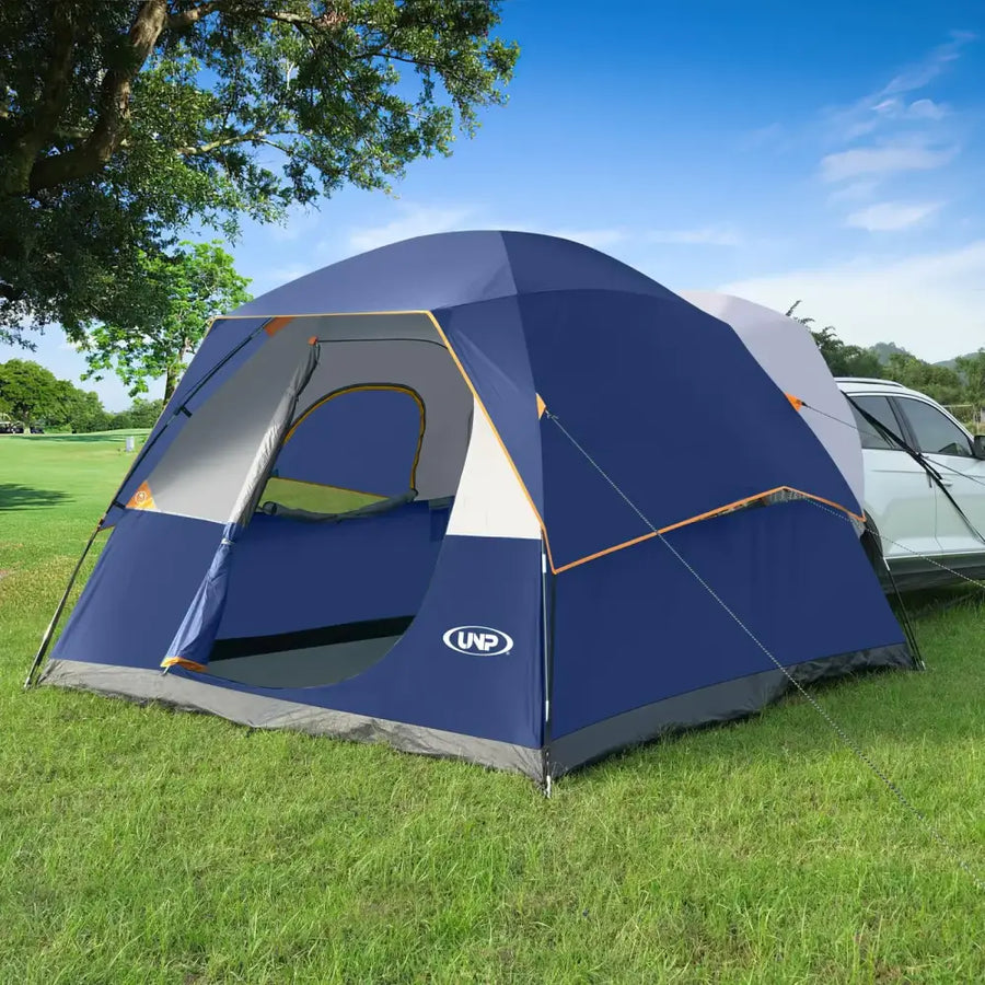 Blue and gray unp tent with orange trim.
