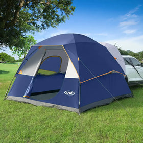 Blue and gray unp tent with orange trim.