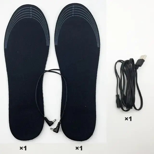 Black heated insole pair with subtle gray stitching along the edges and matching black usb charging cable.