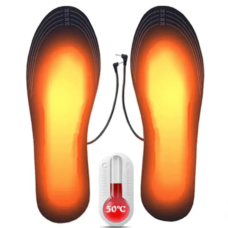 Heated insoles with a gradient orange and yellow glow, featuring black edges and size markings along the outer side.