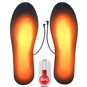 Heated insoles with a gradient orange and yellow glow, featuring black edges and size markings along the outer side.
