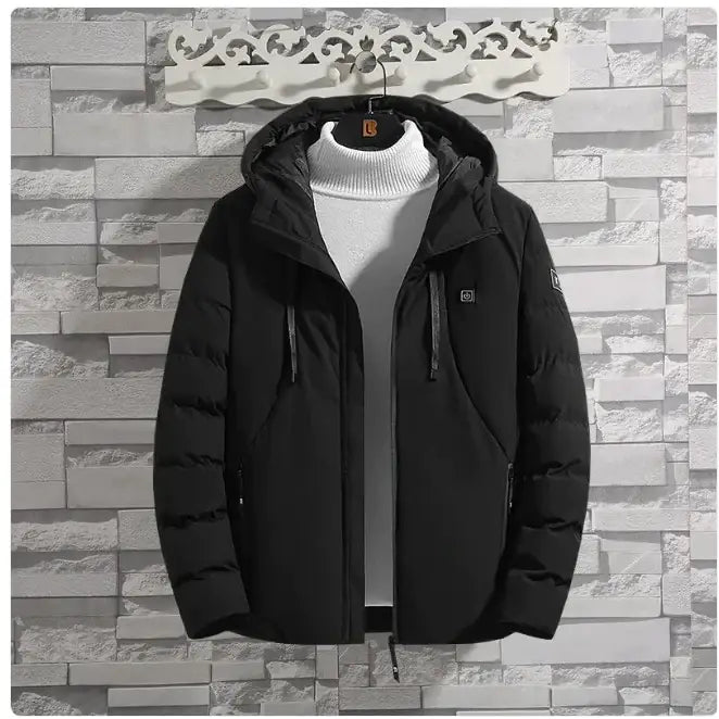 Black puffer jacket with a hood, front zipper closure, and subtle brand logos on the chest and sleeve.