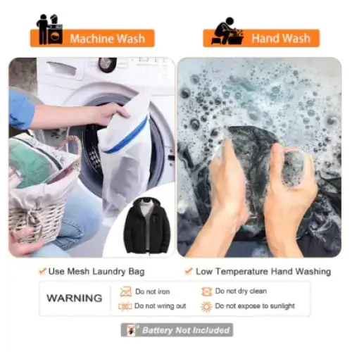 Black jacket with blue trim, shown in machine wash and hand wash care instructions