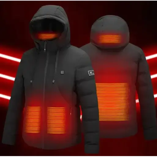 Black heated jacket with glowing orange heating panels on the chest and back.