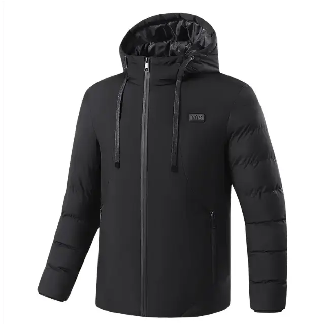 Black puffer jacket with a hood, front zipper closure, and subtle brand logo on the chest.