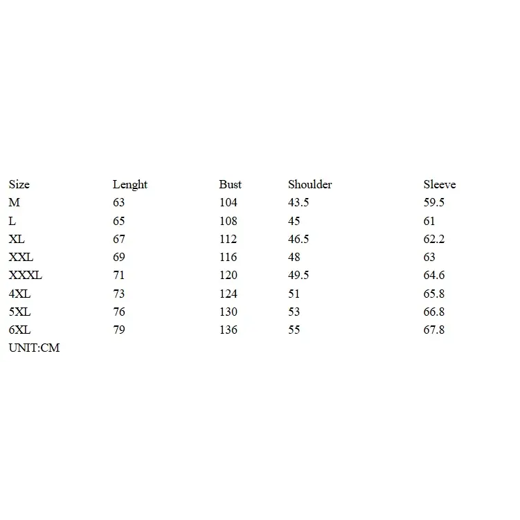 The image displays a size chart for clothing, listing measurements in centimeters across sizes from m to 6xl.