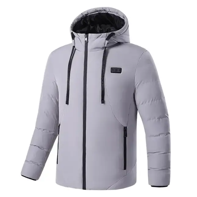 Gray puffer jacket with black zipper and drawstrings, featuring a quilted design and a hood lined in dark fabric.