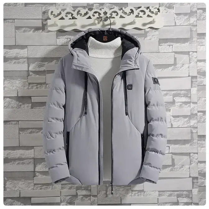 Gray puffer jacket with a hood, black zipper accents and trim, featuring quilted stitching for insulation.