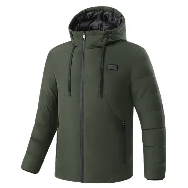 Olive green quilted hooded jacket with black inner lining and drawstrings.
