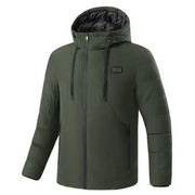 Olive green quilted hooded jacket with black inner lining and drawstrings.