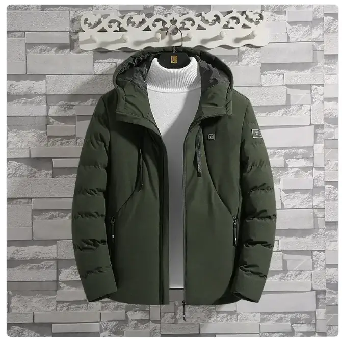 Olive green puffer jacket with a hood and front zipper, featuring subtle branding on the chest and sleeve.