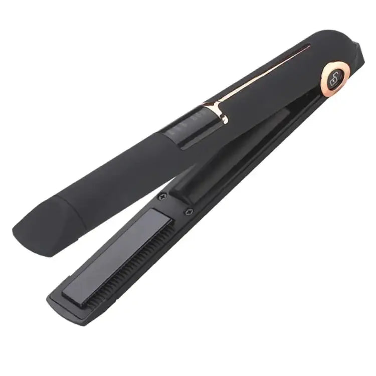 Black and rose gold hair straightener with a sleek, modern design.