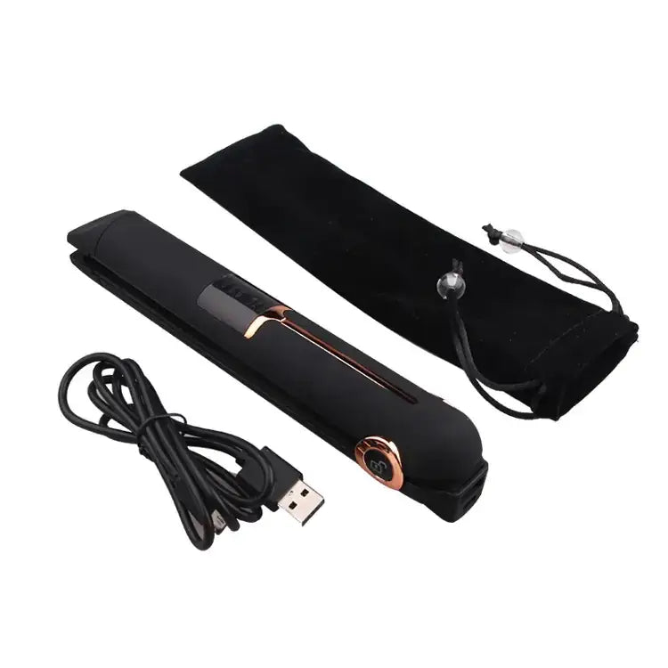 Black and rose gold hair straightener with a sleek, modern design.