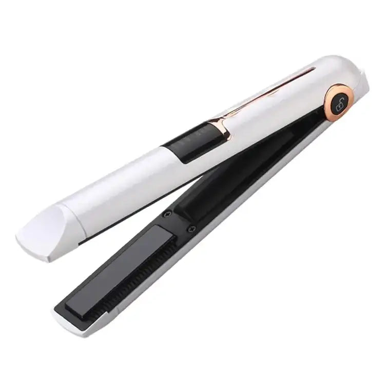 White and black hair straightener with rose gold accents.