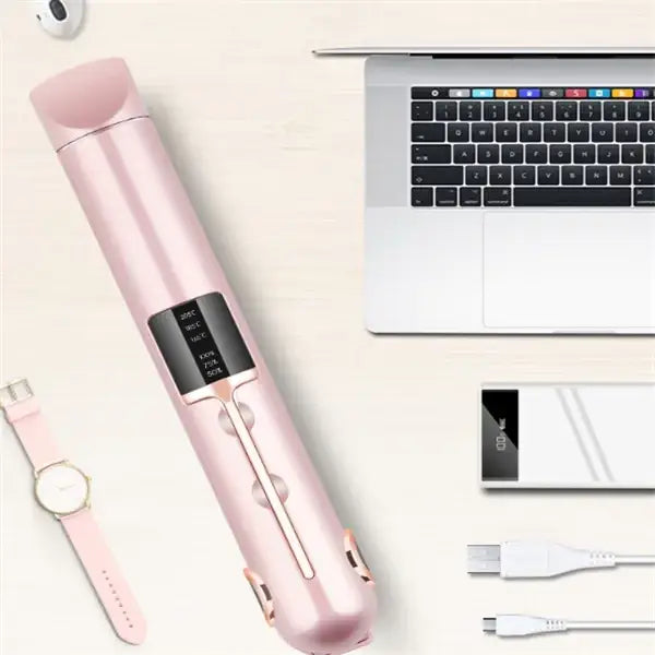 Pink metallic hair straightener with a digital display and rose gold accents.