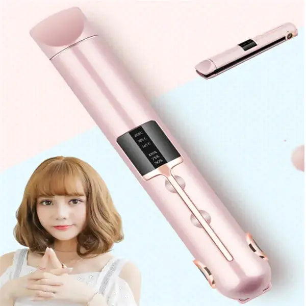 Pink metallic hair straightener with a digital display and rose gold accents.