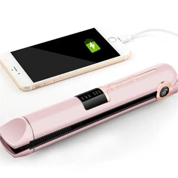 Pink wireless hair straightener with a digital display and rose gold accents.