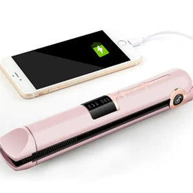 Pink wireless hair straightener with a digital display and rose gold accents.