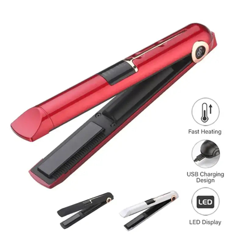 Red and black usb-charging hair straightener with led display.
