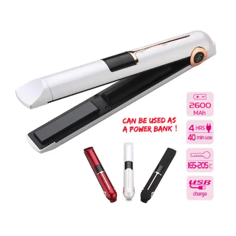 White and black hair straightener with rose gold accents, featuring a sleek design and usb charging capability.