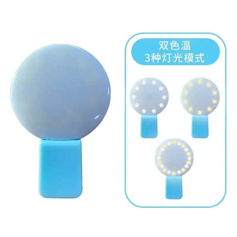Light blue spherical selfie stick with clip-on design and dual-color led lighting.